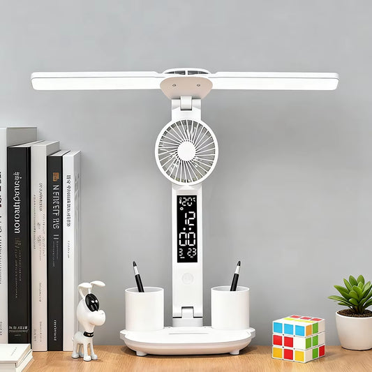 Double Headed Desk Lamp Eye Protection with Fan Table Lamp LED Rechargeable Dimmable Smart Display for Study Reading Night Light
