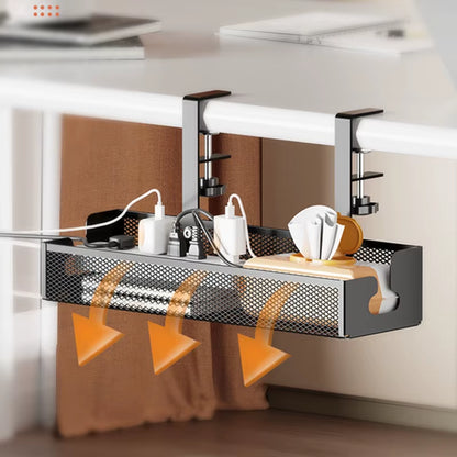 No Drilling Extendable under Desk Cable Management Metal Cable Tray under Desk with Clamp Retractable Power Strip Cord Holder