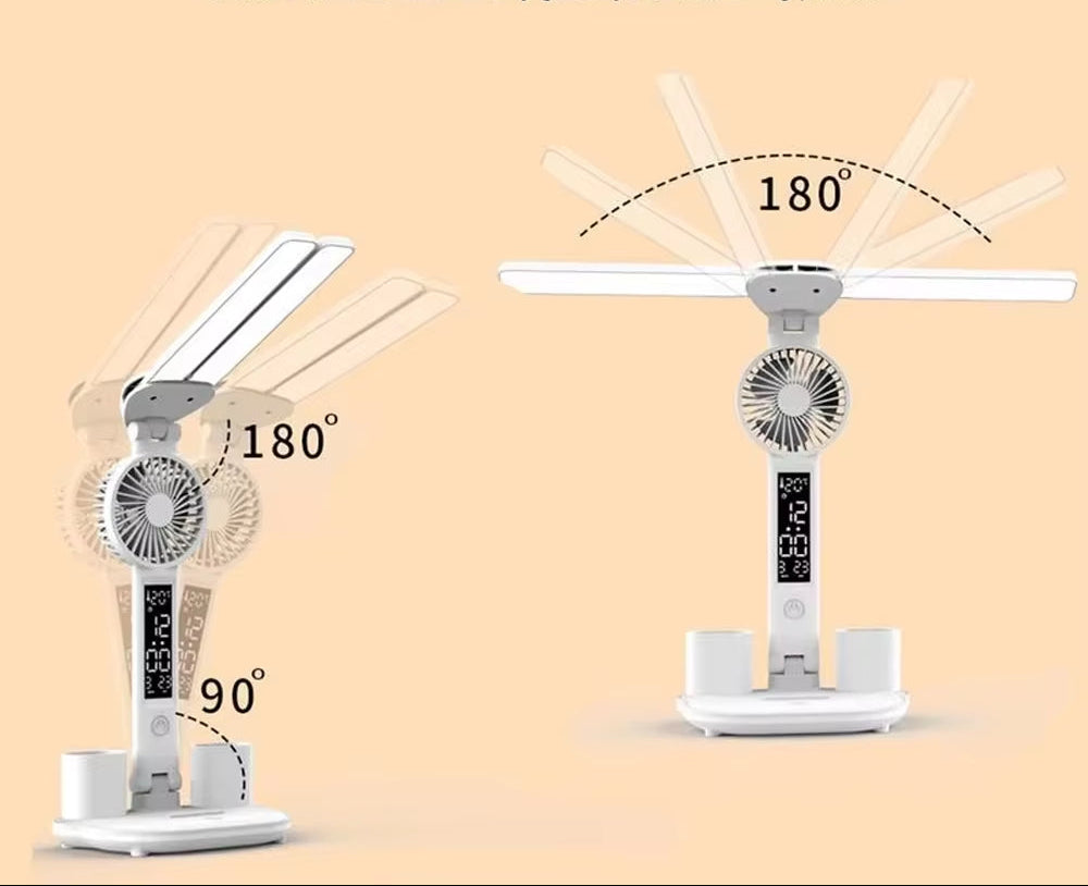 Double Headed Desk Lamp Eye Protection with Fan Table Lamp LED Rechargeable Dimmable Smart Display for Study Reading Night Light